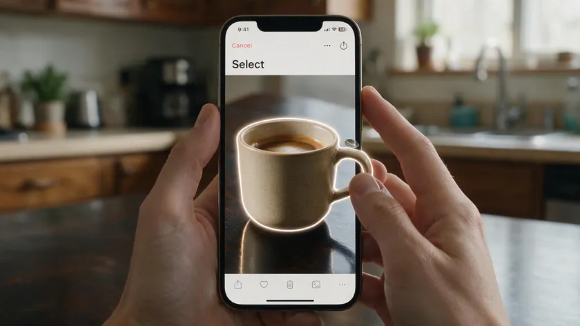 A hand holding an iPhone while using touch-and-hold to erase background in a photo on iPhone directly in the Photos app.