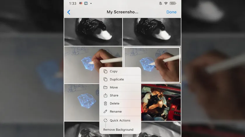 An iPhone Files app context menu highlighting the Remove Background Quick Action on an image thumbnail.