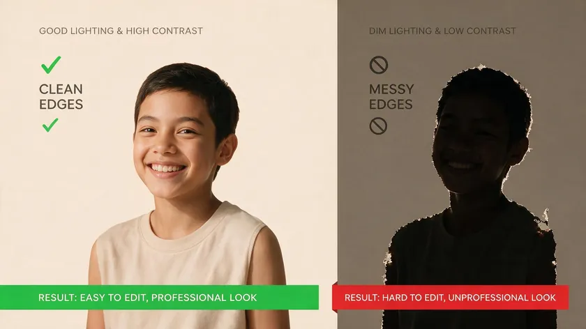 A side-by-side comparison showing clean cutout edges from good lighting versus messy edges from dim, low-contrast lighting.
