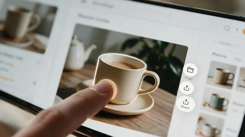 A finger long-pressing a mug photo on an iPhone screen with Copy and Share options appearing after lifting the subject.