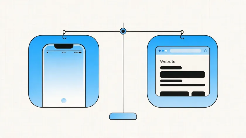 An illustration balancing an iPhone icon against a browser window icon, representing native tools versus RemoveBackground.app.