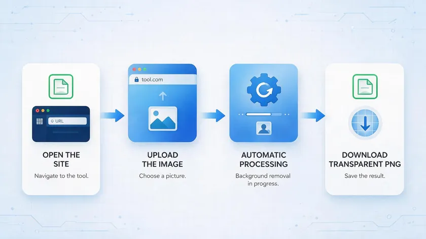 Illustrated four-step process for using an AI background remover: open the site, upload the image, automatic processing, and download the transparent PNG.