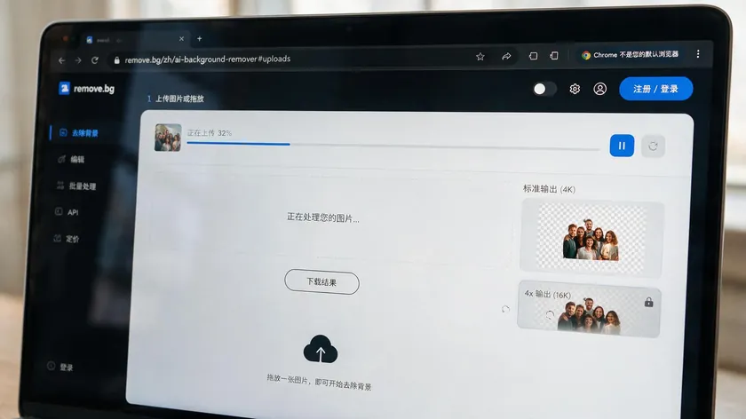 A laptop screen showing a photo being uploaded to an AI background remover, with the subject automatically isolated against transparency.