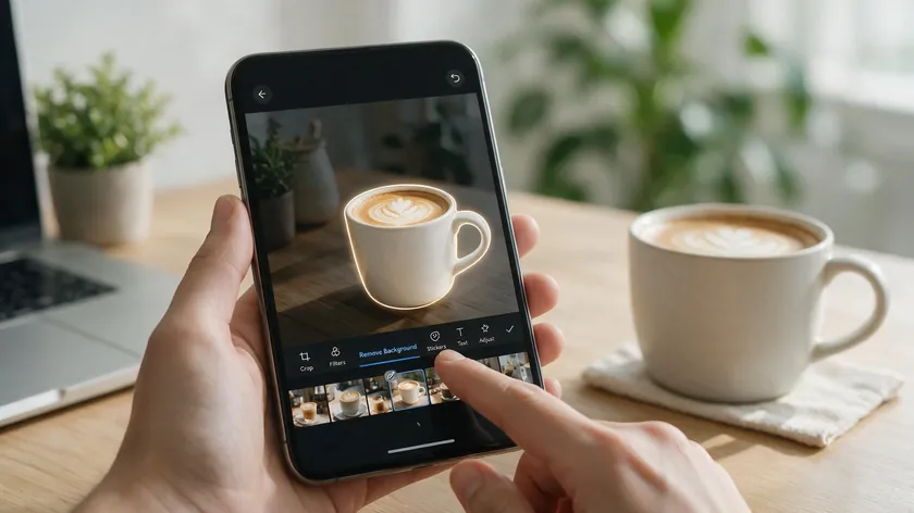 Someone using a phone's built-in remove background tool on a photo of a coffee cup.
