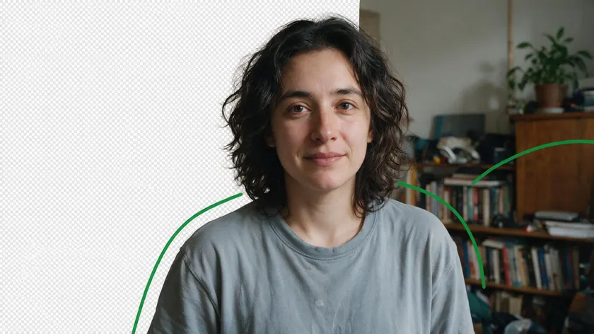 A person's portrait shown mid-edit, illustrating how to cut something out of a photo with half the image already isolated on a transparent background.
