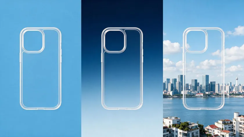 The same transparent product cutout composited onto three different backgrounds — a solid color, a gradient, and a city skyline — to show how a cutout can be reused.