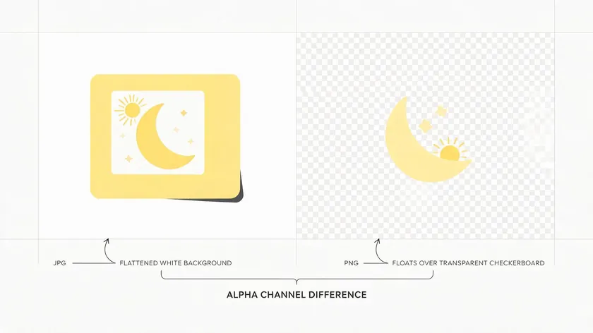 Illustration comparing a JPG file flattened onto a white background with a PNG file that keeps its subject floating over a transparent checkerboard, showing the alpha channel difference.