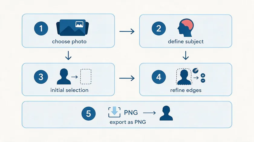 Illustrated five-step workflow for any photo cutout: choose photo, define subject, initial selection, refine edges, and export as PNG.