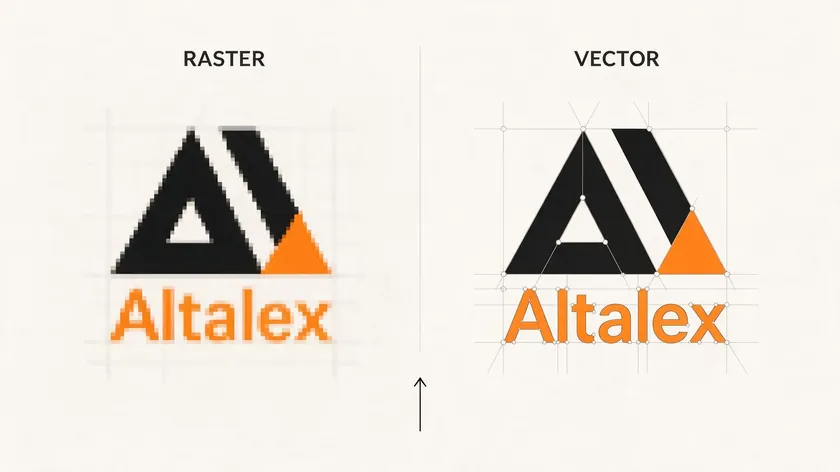 Comparison of a blurry pixelated raster logo next to a crisp scalable vector version, illustrating why vector files matter when you make a logo transparent.