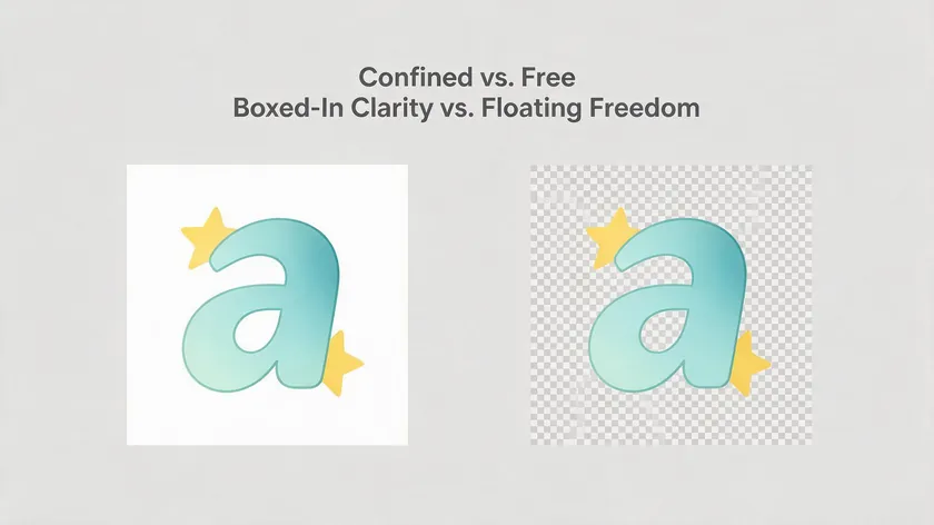 Side-by-side comparison showing a logo trapped inside a white box versus the same logo with a transparent checkerboard background, demonstrating what a transparent logo actually looks like.