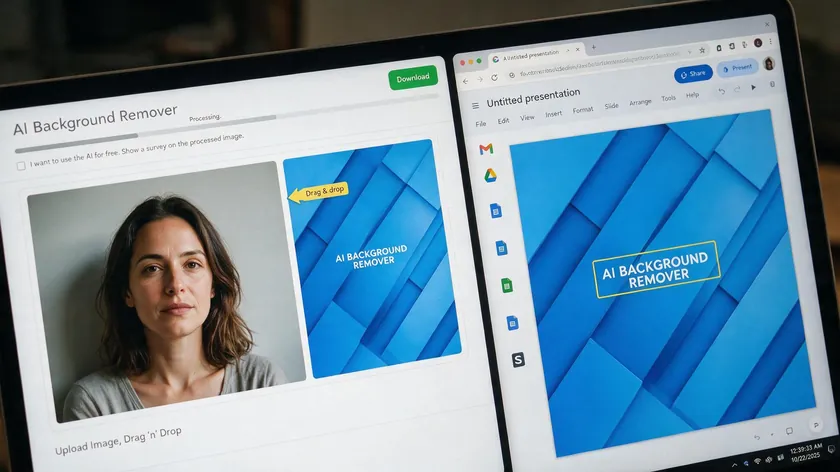 Laptop screen showing an AI background remover processing a portrait next to an open Google Slides tab, part of the workflow to remove background from picture on Google Slides.
