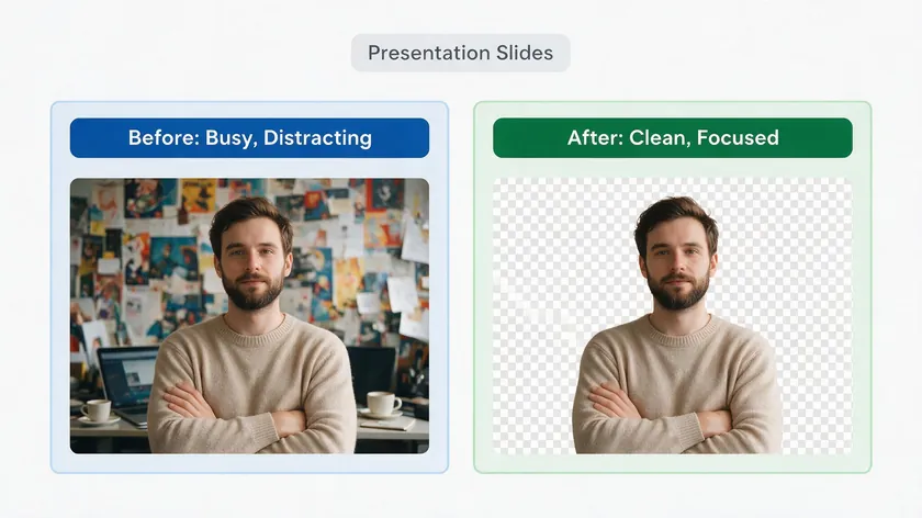 Two-column comparison slide showing a photo with its original background next to the same photo with the background removed.