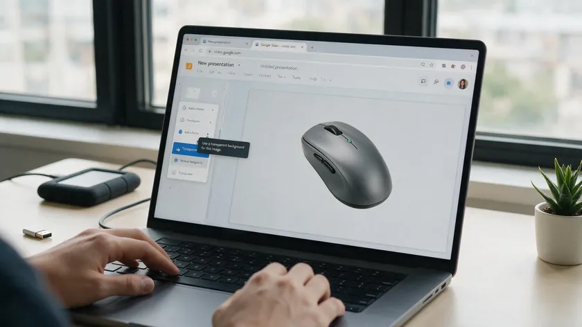 Screenshot of Google Slides open on a laptop showing the transparent background option for a product image, illustrating how to remove background from picture on Google Slides.