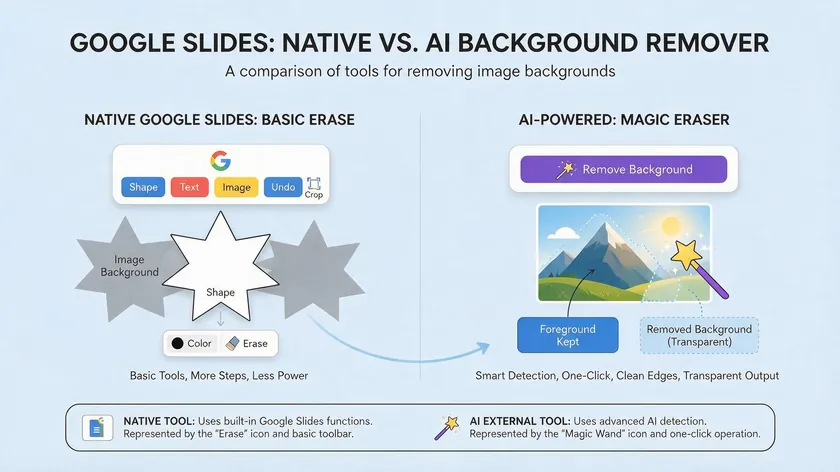 Infographic comparing native Google Slides background removal tools with an AI-powered background remover.