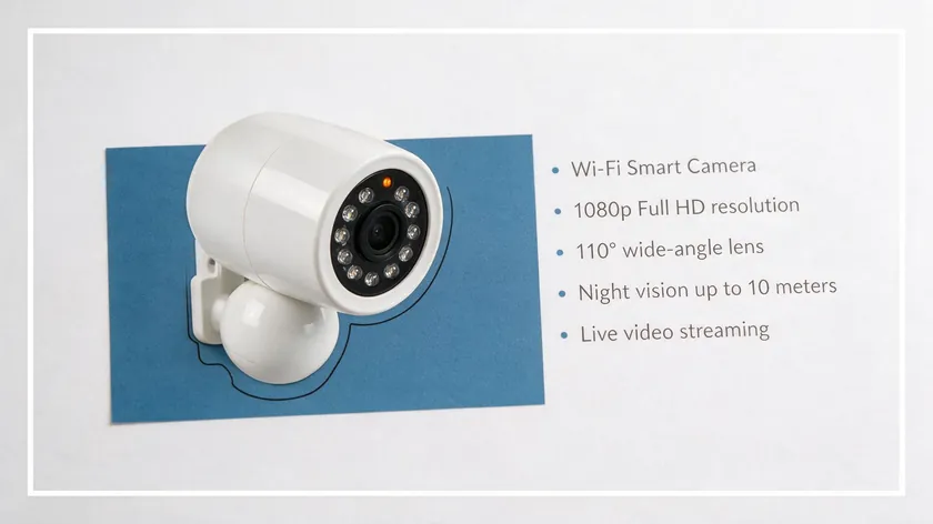 Presentation slide showing a product photo with its background removed placed on a brand-colored rectangle next to a bullet list of features.