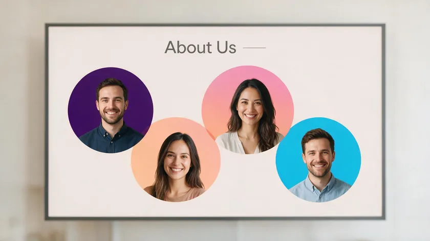 Presentation slide titled About Us displaying four team headshots with transparent backgrounds placed inside colored circles.