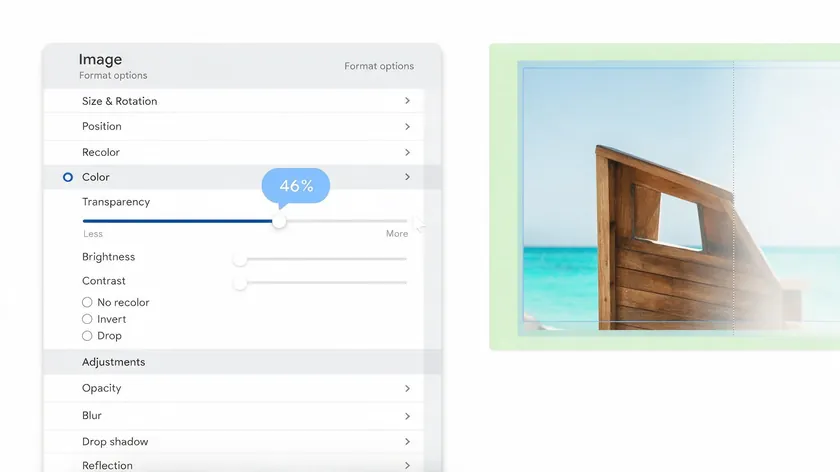 Google Slides Format options sidebar showing the Transparency slider being adjusted on an image.