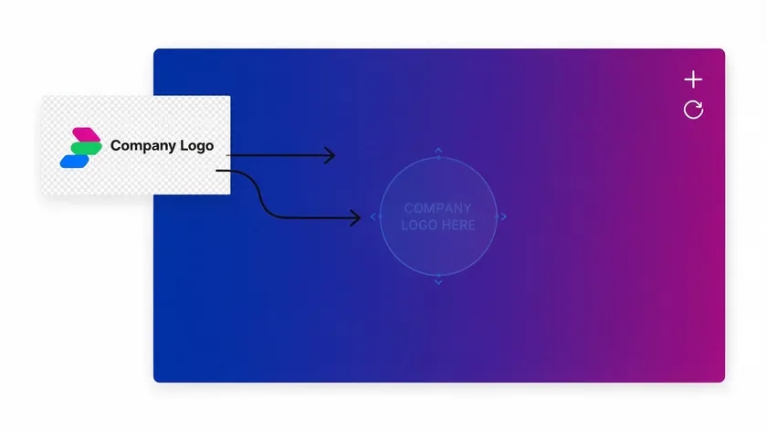Transparent company logo PNG being placed onto a colorful gradient presentation slide background.