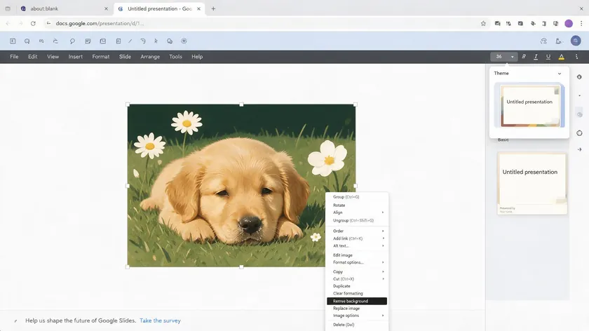 Right-click context menu in Google Slides showing the native Remove background option under Edit image.