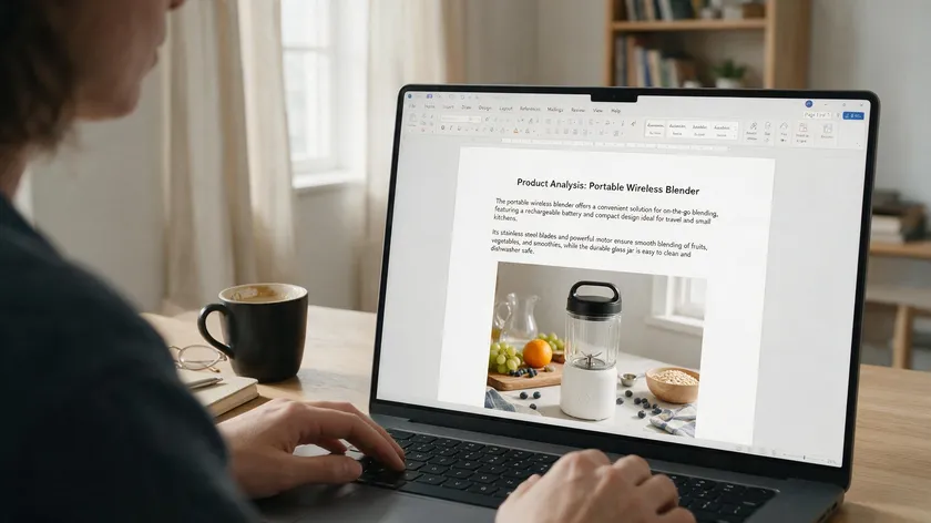 Person working at a laptop on a Word document, learning how to remove background in Word from a product photo inserted in the text.