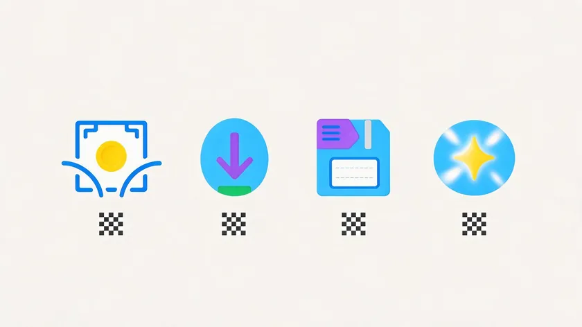 Icons representing common causes of fake PNGs, relevant to how to remove checkered background from PNG files from screenshots, stock sites, and AI tools