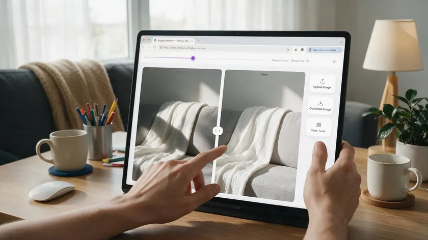 Close-up of a person uploading a photo with a visible shadow to an AI tool in a browser to remove the shadow from the picture