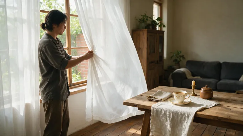 Photographer diffusing natural light through a thin white curtain to prevent harsh shadows while photographing a product
