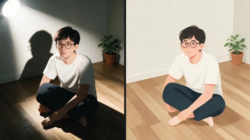 Split illustration comparing a photo with a harsh shadow to the same photo after removing the shadow from the picture