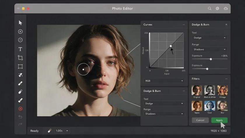 Photo editing interface showing curves and dodge-and-burn tools used to manually lighten a shadow on a portrait