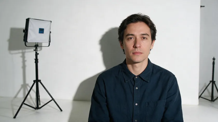 Person being photographed for a passport photo with an uneven wall shadow behind them from a single lamp