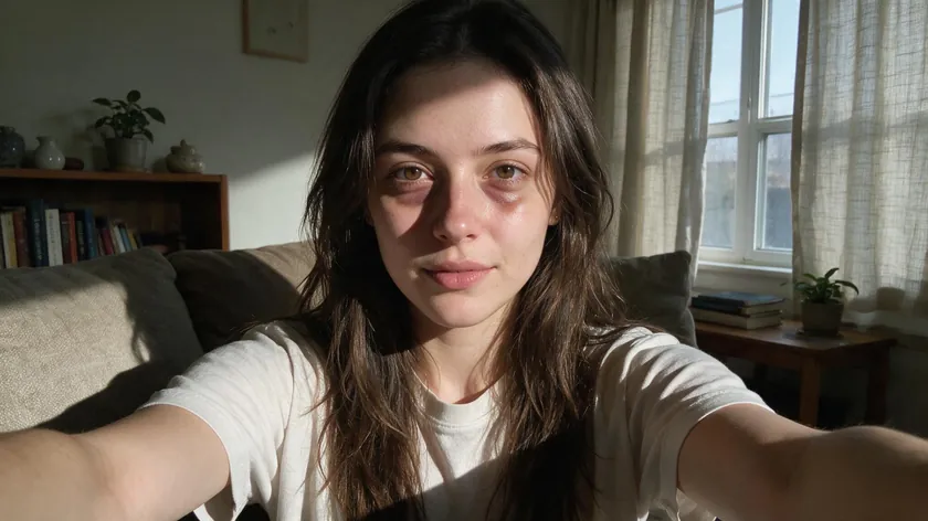 Young woman taking a selfie under harsh overhead lighting, showing visible under-eye and nose shadows on her face
