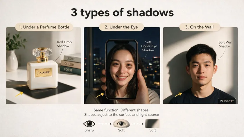 Illustration comparing three common shadow types: a hard drop shadow under a perfume bottle, a soft under-eye shadow in a selfie, and a wall shadow behind a passport photo subject