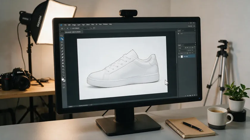 Photography studio setup showing how to remove white background in Photoshop from a product photo on a desktop monitor.