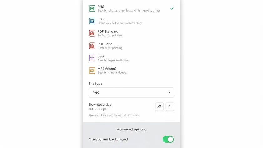 Canva-style download panel showing how to save an image with a transparent background by selecting PNG and enabling the transparent background toggle.