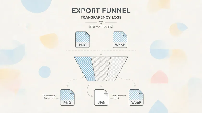 Diagram of an export funnel illustrating how to save an image with a transparent background, showing PNG and WebP preserving transparency while JPG loses it.