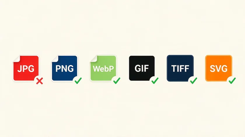 Comparison of JPG, PNG, WebP, GIF, TIFF, and SVG format badges relevant to how to save an image with a transparent background, marking which formats support transparency.