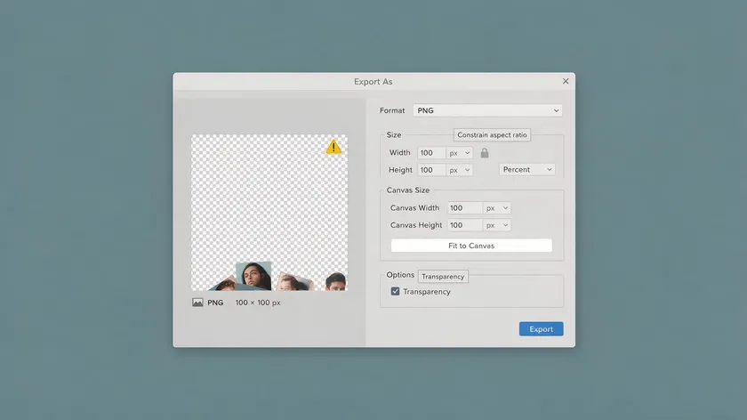 Photoshop-style Export As dialog demonstrating how to save an image with a transparent background using the PNG format with the Transparency checkbox enabled.