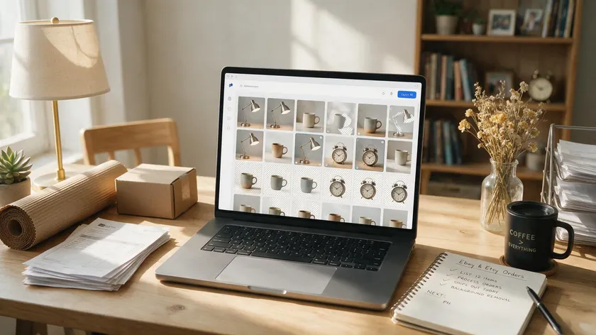 A laptop on a desk displaying a grid of product photos being processed by an AI background remover, with several thumbnails already showing a transparent checkerboard background.