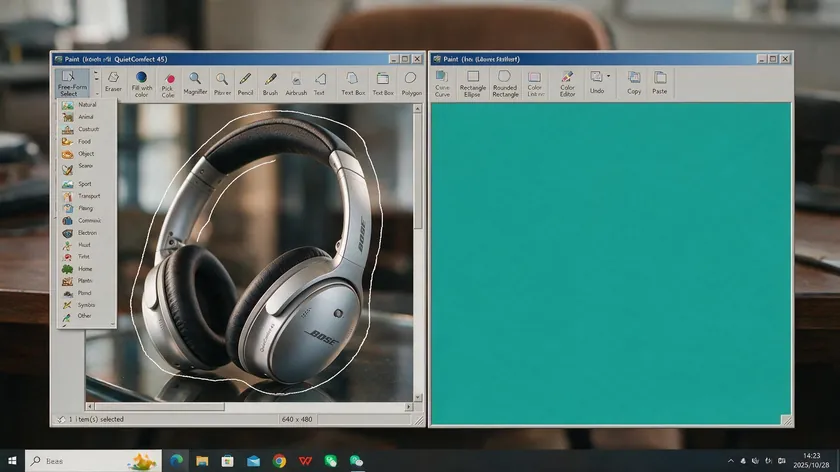 Two Microsoft Paint windows side by side, one with a headphone product photo selected with the free-form selection tool and the other filled with a solid teal color for the cut-and-paste background swap.