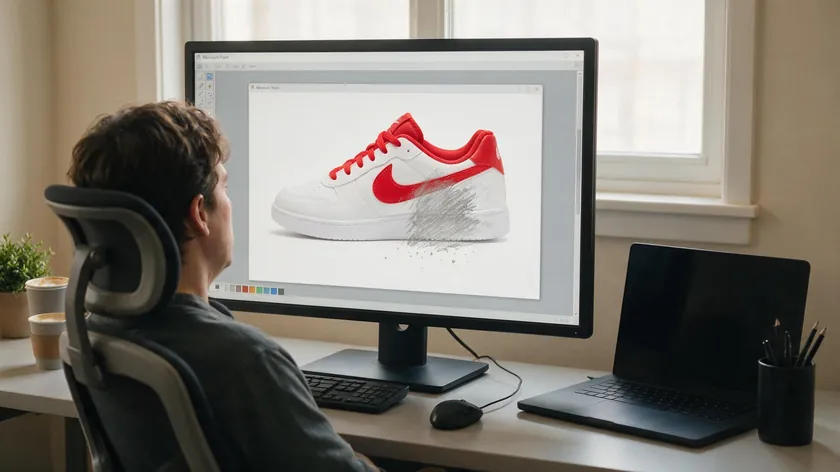 A person at a desktop computer using Microsoft Paint to try to make background transparent in paint, with a red sneaker photo still showing an erased gray patch instead of true transparency.