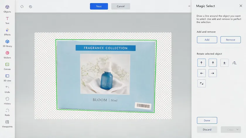 Paint 3D interface with the Magic Select tool outlining a product box on a checkerboard transparent background, ready to isolate the subject.