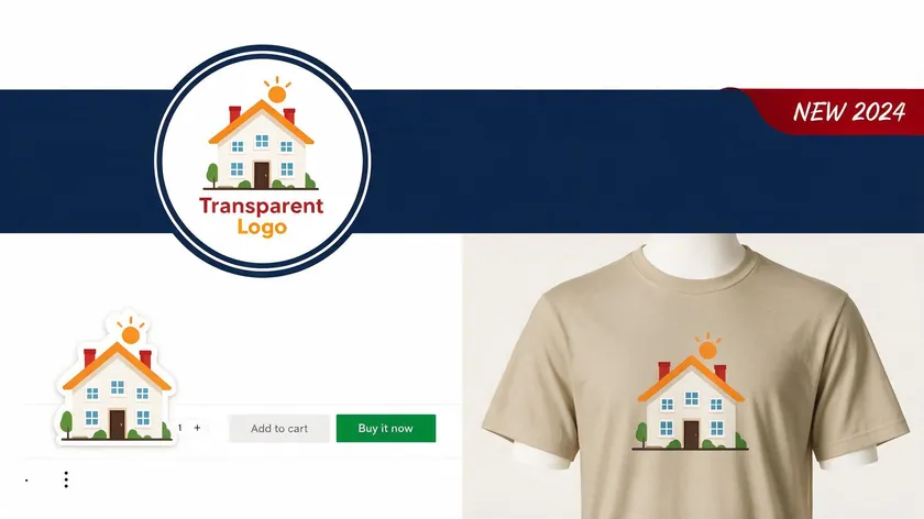 Example of a transparent logo used cleanly on a colored banner, a product listing page, and a t-shirt mockup, showing common practical uses for transparent background images.