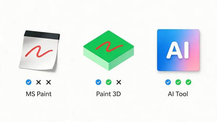 Flat icon comparison of MS Paint, Paint 3D, and an AI tool with checkmarks and X marks indicating which one supports true transparency, edge quality, and batch processing.