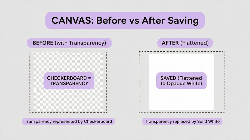 Side-by-side diagram comparing a canvas with checkerboard transparency before saving against the same canvas flattened to a solid white background after saving, showing why it is hard to make background transparent in paint.