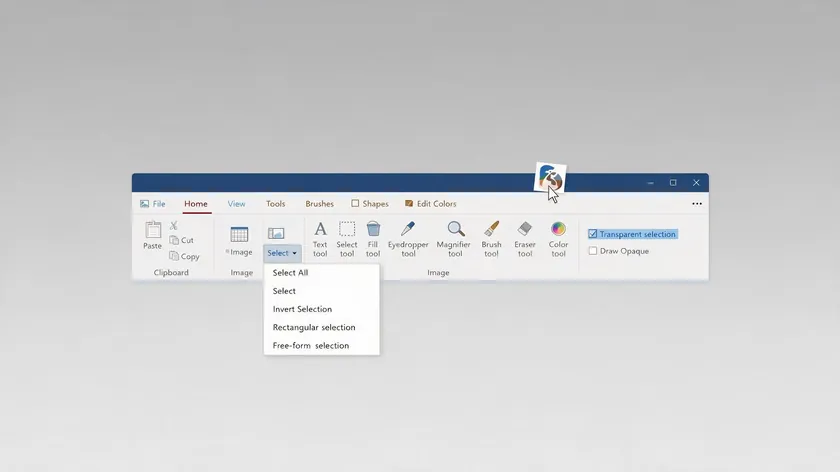 Microsoft Paint ribbon showing the Select dropdown open with the Transparent selection checkbox highlighted next to the Free-form selection option.