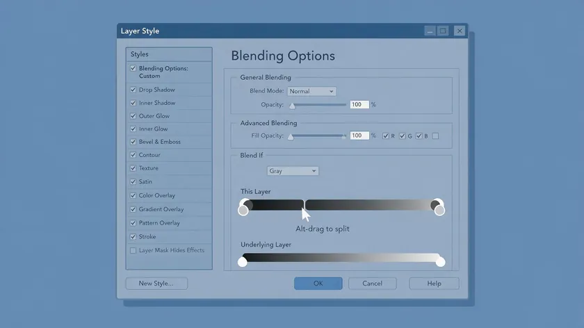 Layer Style dialog showing the Blend If sliders split apart to fade a textured white background.