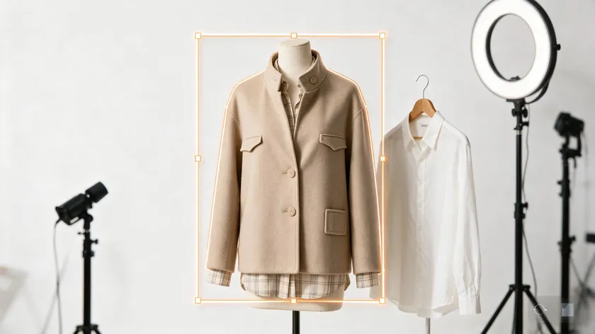 Object Selection tool's AI outline detecting a jacket on a mannequin against a white studio backdrop.