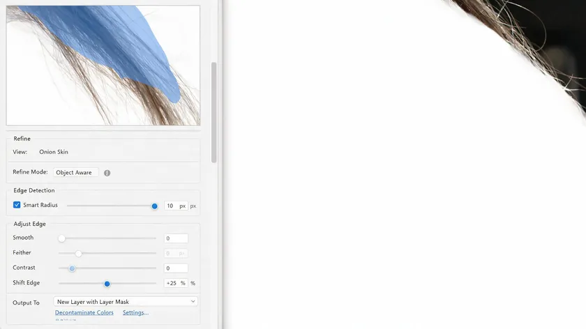 Select and Mask panel refining stray hair edges against a white background with Smart Radius enabled.