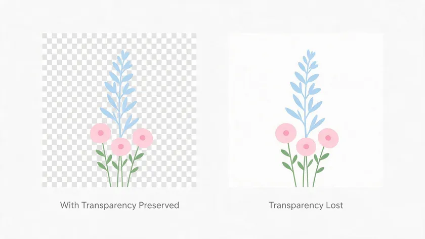 Side-by-side comparison of an image exported with transparency preserved as PNG versus transparency lost when saved as JPG.