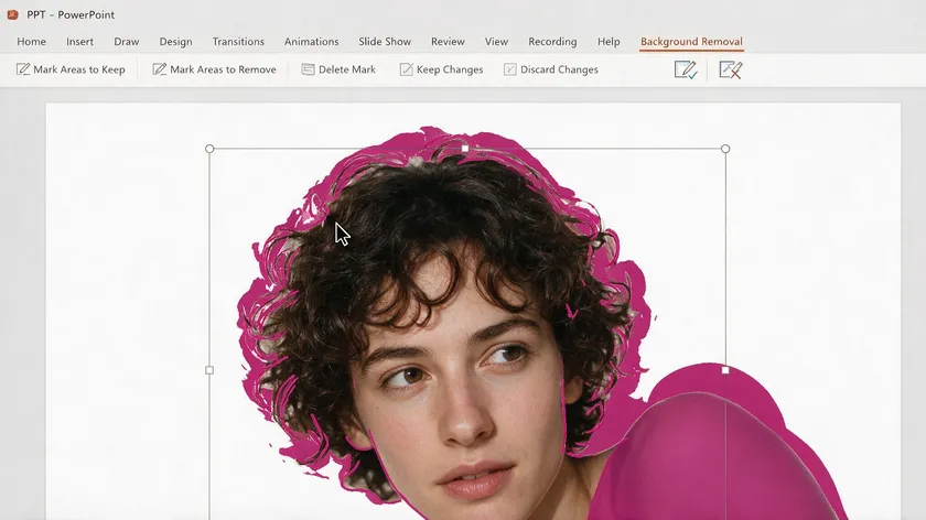 Mark Areas to Keep and Mark Areas to Remove tools in PowerPoint's Background Removal tab, refining a magenta-highlighted hair edge.